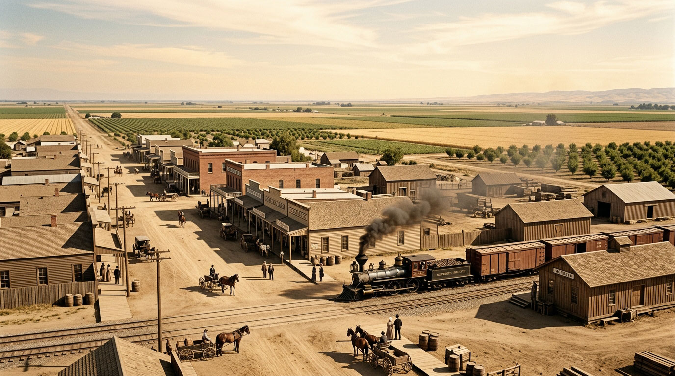 Historic view of Modesto California showing railroad tracks, early downtown buildings, and Central Valley farmland