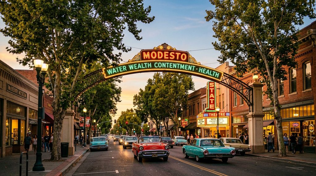 Historic Modesto Arch and classic cars representing Modesto California heritage