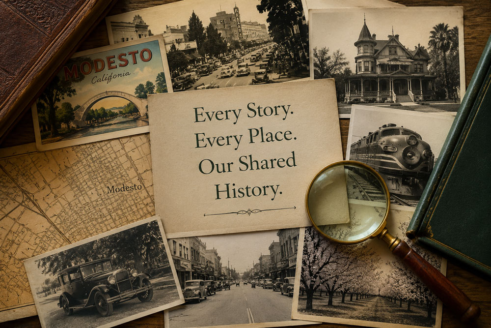Collection of vintage photographs, postcards, and a map centered around a card reading ‘Every Story. Every Place. Our Shared History.’ surrounded by old images of Modesto, California, including a train, historic buildings, classic cars, and a magnifying glass symbolizing exploration and preservation.